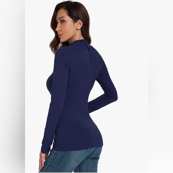 AmélieBoutik Women Mock Neck Lace Up Raglan Long Sleeve Blouse Top - Picture 2 of 7